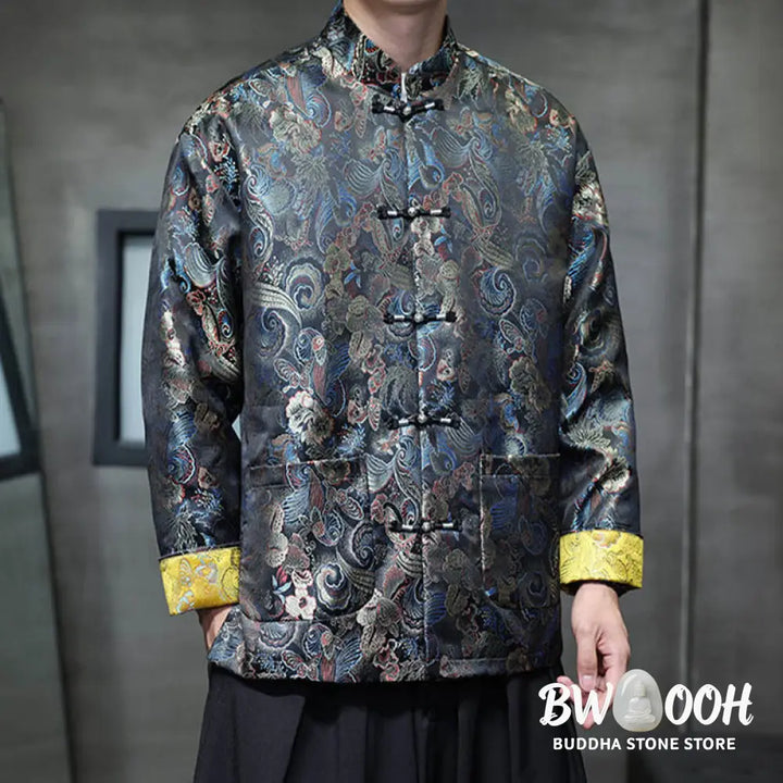 Buddha Stones Frog-Button Chinese Tang Suit Stand Collar Long Shirt Men Jacket Clothing - Men’s Jacket Shirt