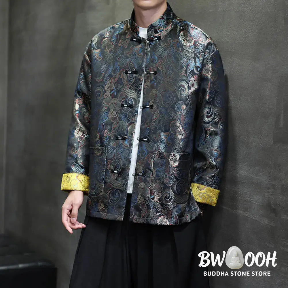 Buddha Stones Frog-Button Chinese Tang Suit Stand Collar Long Shirt Men Jacket Clothing - Men’s Jacket Shirt