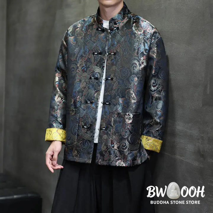 Buddha Stones Frog-Button Chinese Tang Suit Stand Collar Long Shirt Men Jacket Clothing - Men’s Jacket Shirt