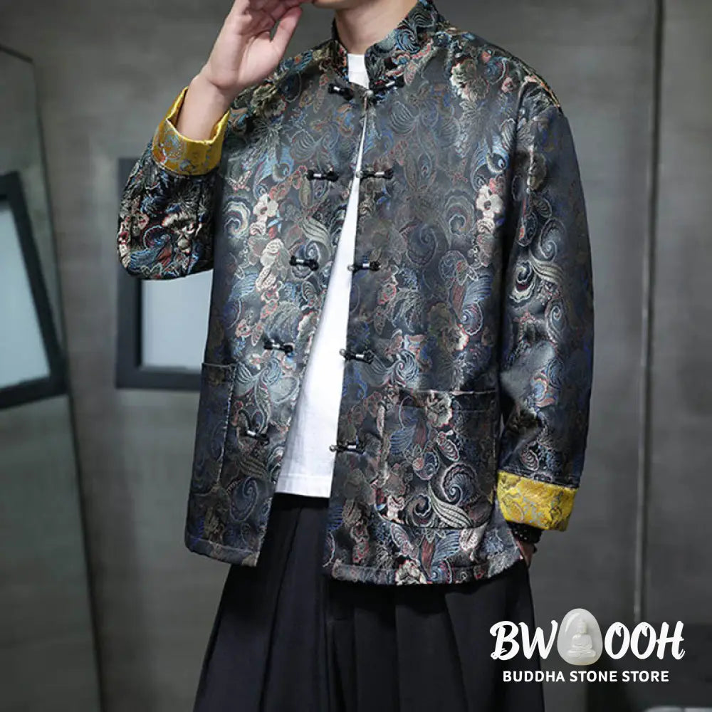 Buddha Stones Frog-Button Chinese Tang Suit Stand Collar Long Shirt Men Jacket Clothing - Men’s Jacket Shirt