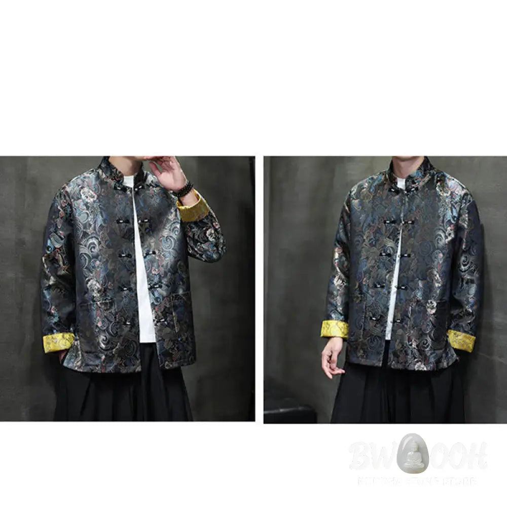 Buddha Stones Frog-Button Chinese Tang Suit Stand Collar Long Shirt Men Jacket Clothing - Men’s Jacket Shirt
