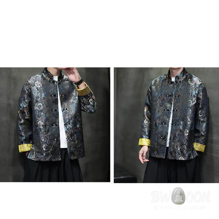 Buddha Stones Frog-Button Chinese Tang Suit Stand Collar Long Shirt Men Jacket Clothing - Men’s Jacket Shirt