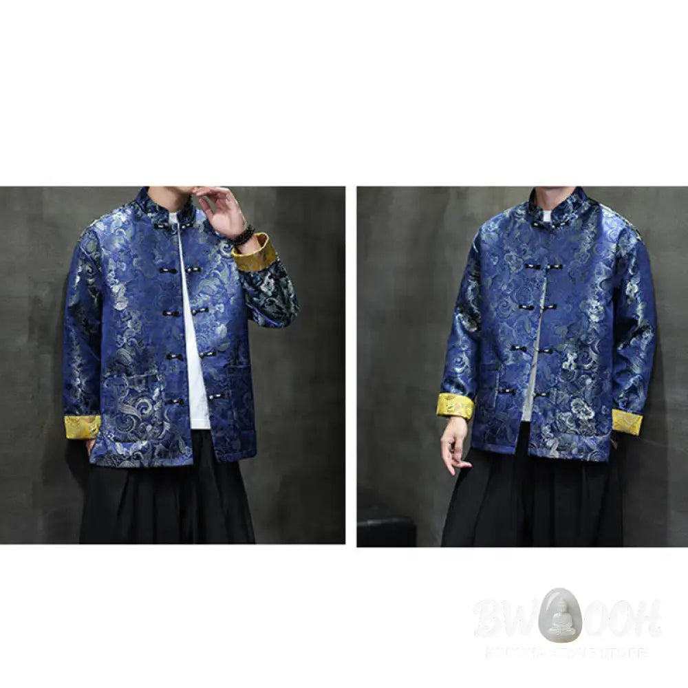 Buddha Stones Frog-Button Chinese Tang Suit Stand Collar Long Shirt Men Jacket Clothing - Men’s Jacket Shirt