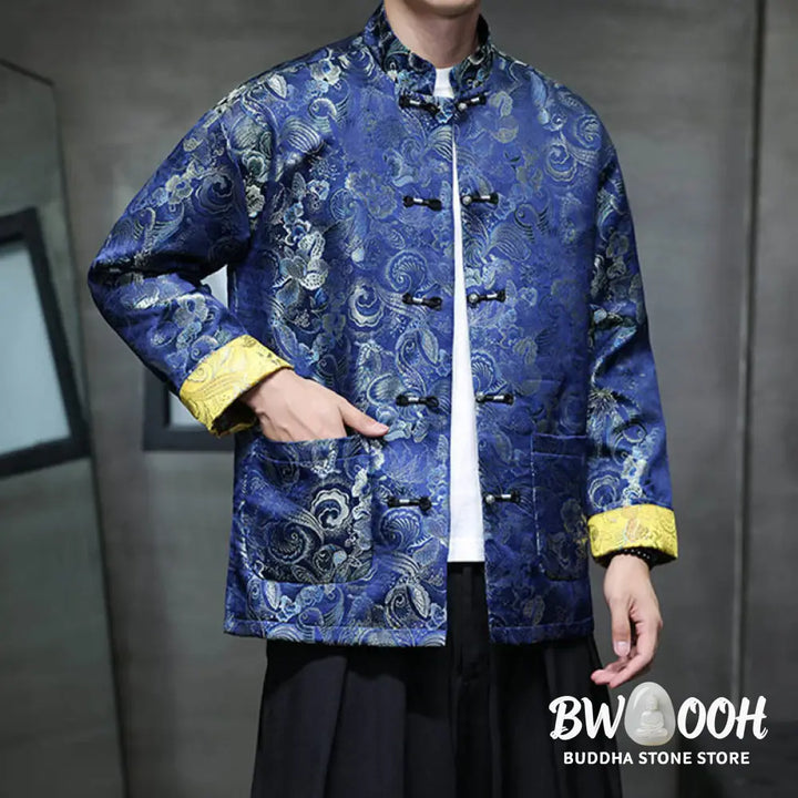 Buddha Stones Frog-Button Chinese Tang Suit Stand Collar Long Shirt Men Jacket Clothing - Men’s Jacket Shirt