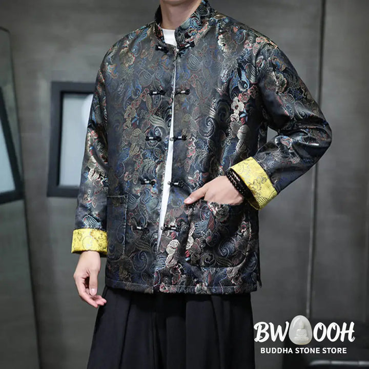Buddha Stones Frog-Button Chinese Tang Suit Stand Collar Long Shirt Men Jacket Clothing - Men’s Jacket Shirt