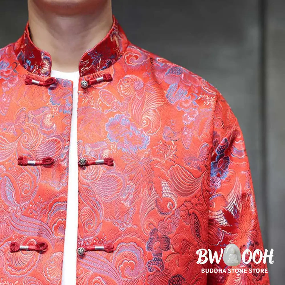Buddha Stones Frog-Button Chinese Tang Suit Stand Collar Long Shirt Men Jacket Clothing - Men’s Jacket Shirt