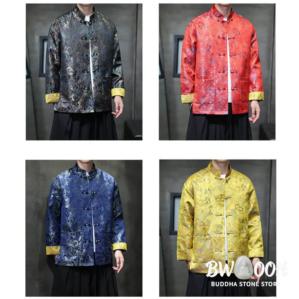 Buddha Stones Frog-Button Chinese Tang Suit Stand Collar Long Shirt Men Jacket Clothing - Men’s Jacket Shirt