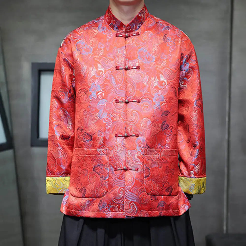 Buddha Stones Frog-Button Chinese Tang Suit Stand Collar Long Shirt Men Jacket Clothing - OrangeRed / US/UK/AU34，EU44