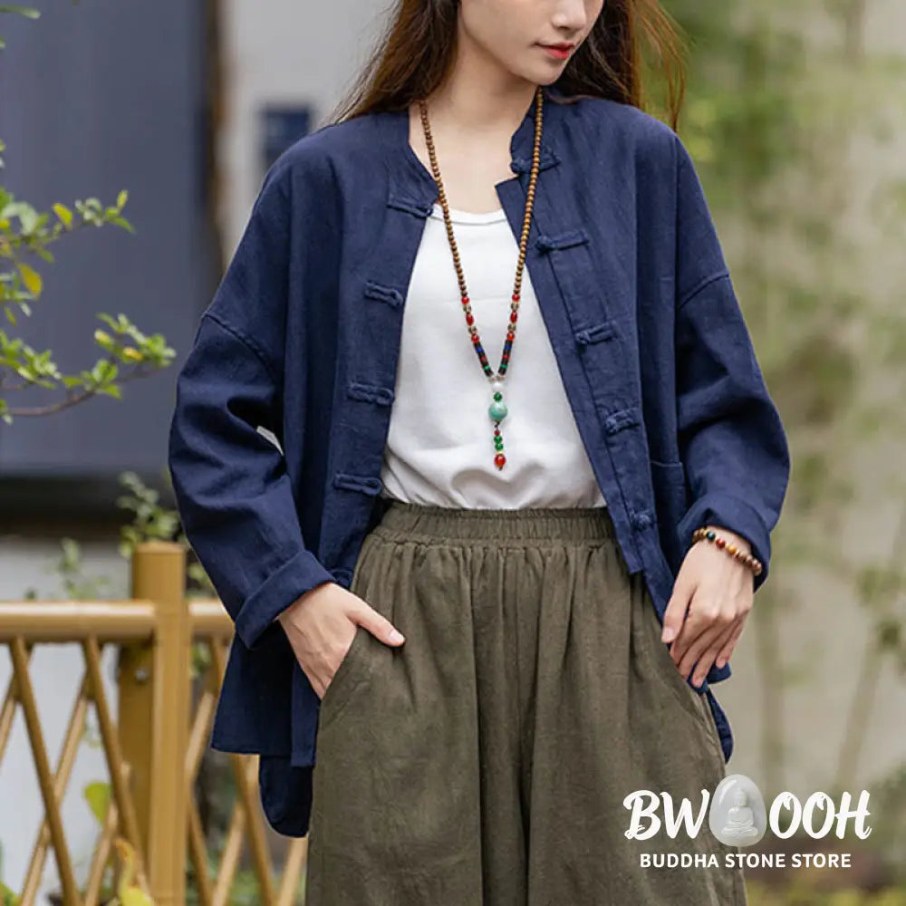 Buddha Stones Frog-Button Design Shirt Tai Chi Meditation Top Clothing Ramie Linen Jacket - Jacket Shirt
