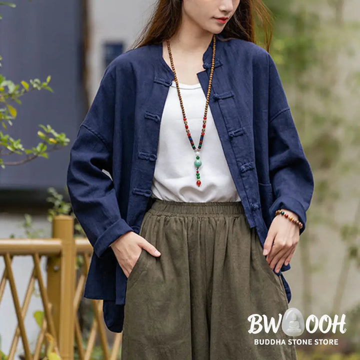 Buddha Stones Frog-Button Design Shirt Tai Chi Meditation Top Clothing Ramie Linen Jacket - Jacket Shirt