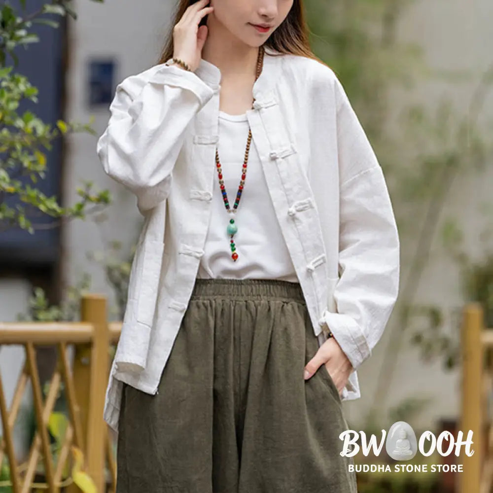 Buddha Stones Frog-Button Design Shirt Tai Chi Meditation Top Clothing Ramie Linen Jacket - Jacket Shirt