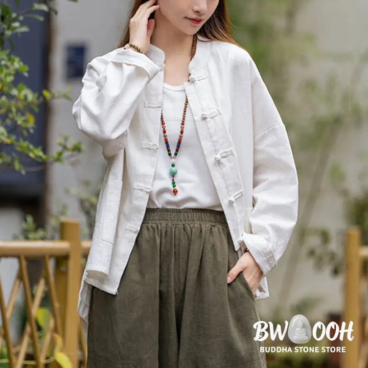 Buddha Stones Frog-Button Design Shirt Tai Chi Meditation Top Clothing Ramie Linen Jacket - Jacket Shirt