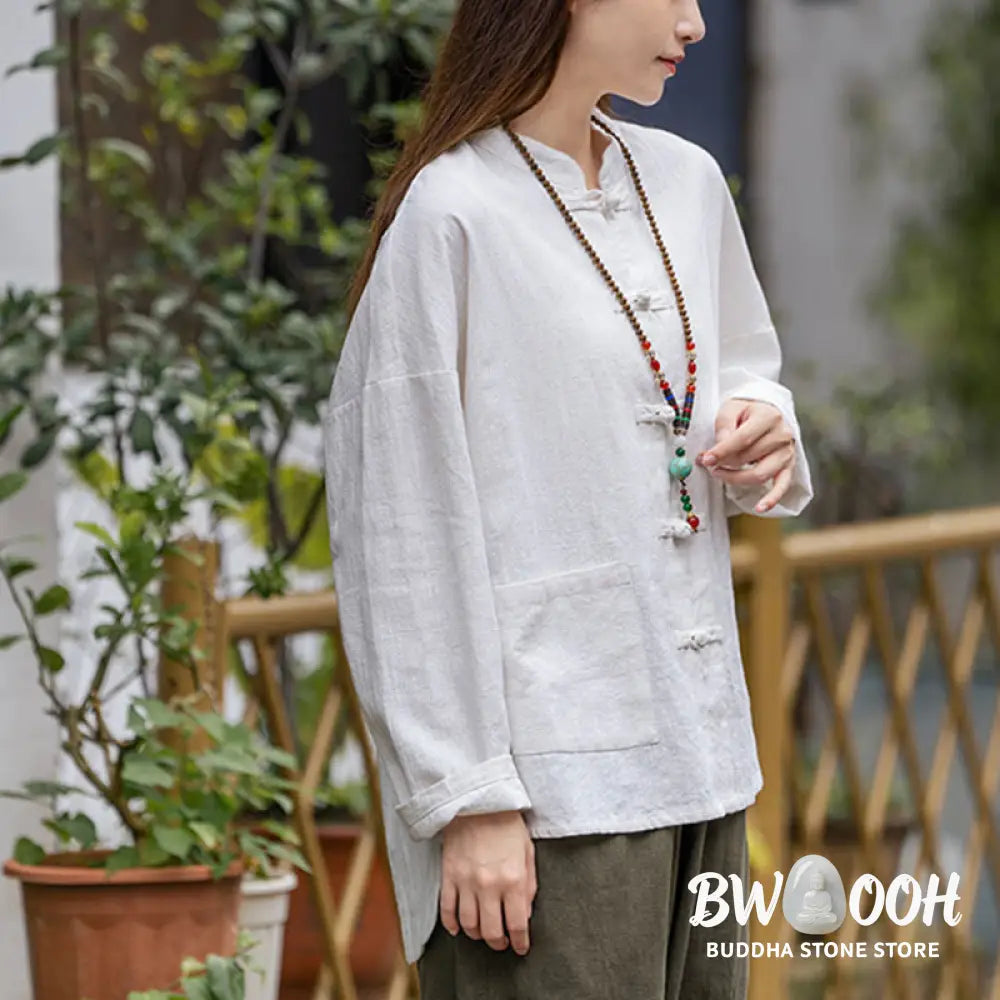 Buddha Stones Frog-Button Design Shirt Tai Chi Meditation Top Clothing Ramie Linen Jacket - Jacket Shirt