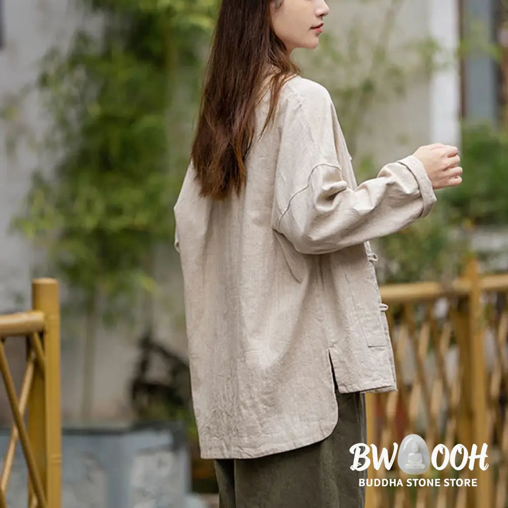Buddha Stones Frog-Button Design Shirt Tai Chi Meditation Top Clothing Ramie Linen Jacket - Jacket Shirt