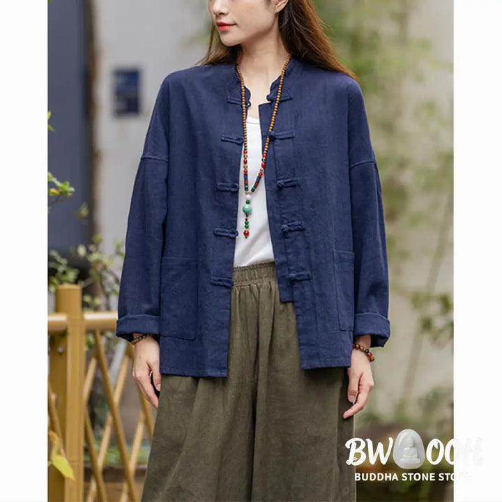 Buddha Stones Frog-Button Design Shirt Tai Chi Meditation Top Clothing Ramie Linen Jacket - Jacket Shirt