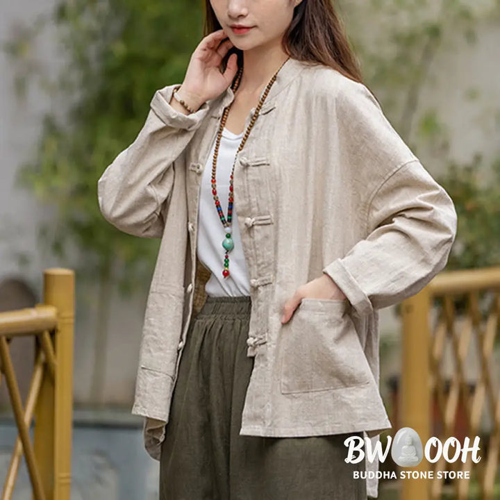 Buddha Stones Frog-Button Design Shirt Tai Chi Meditation Top Clothing Ramie Linen Jacket - Jacket Shirt