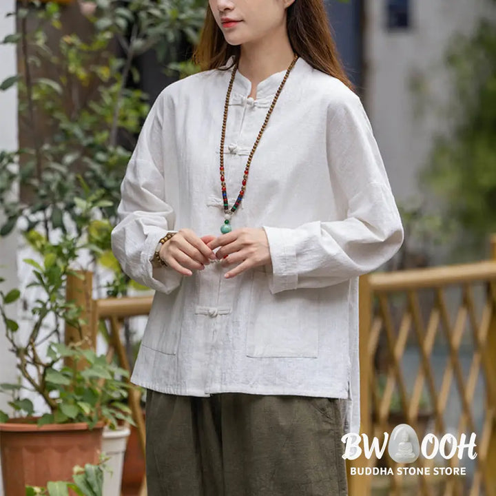 Buddha Stones Frog-Button Design Shirt Tai Chi Meditation Top Clothing Ramie Linen Jacket - Jacket Shirt