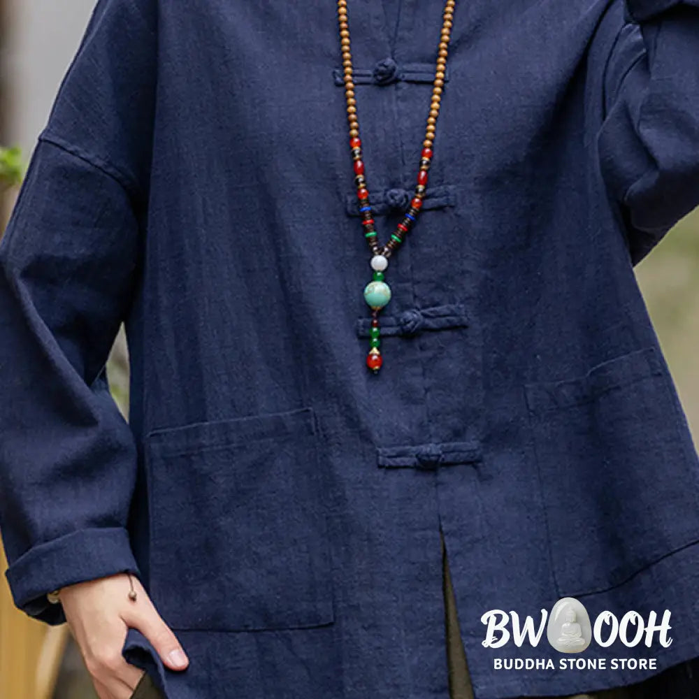 Buddha Stones Frog-Button Design Shirt Tai Chi Meditation Top Clothing Ramie Linen Jacket - Jacket Shirt
