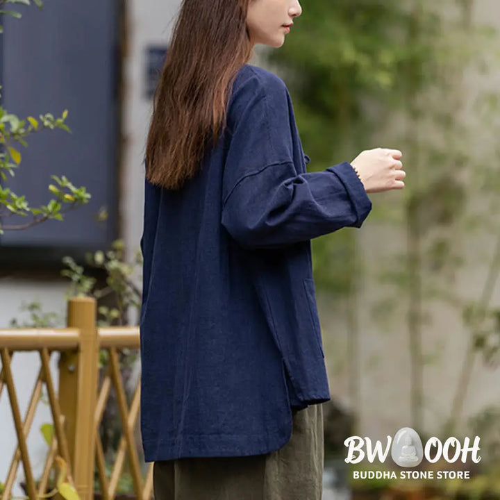 Buddha Stones Frog-Button Design Shirt Tai Chi Meditation Top Clothing Ramie Linen Jacket - Jacket Shirt