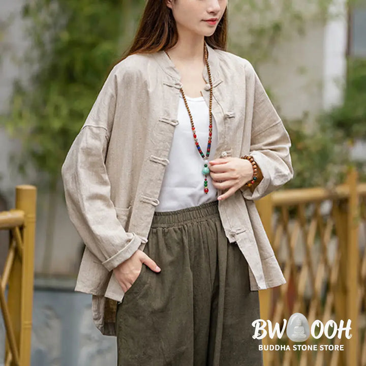 Buddha Stones Frog-Button Design Shirt Tai Chi Meditation Top Clothing Ramie Linen Jacket - Jacket Shirt