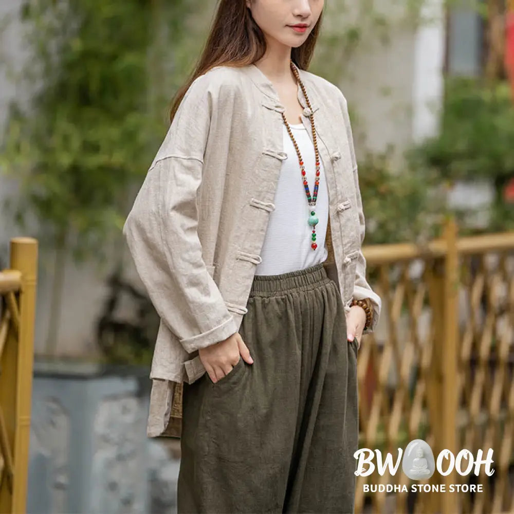 Buddha Stones Frog-Button Design Shirt Tai Chi Meditation Top Clothing Ramie Linen Jacket - Jacket Shirt