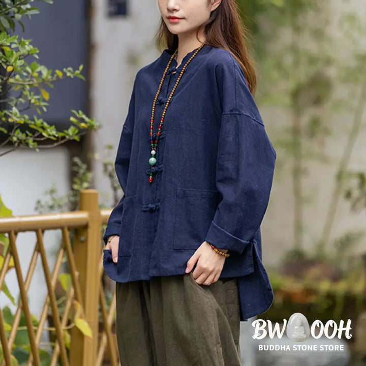 Buddha Stones Frog-Button Design Shirt Tai Chi Meditation Top Clothing Ramie Linen Jacket - Jacket Shirt