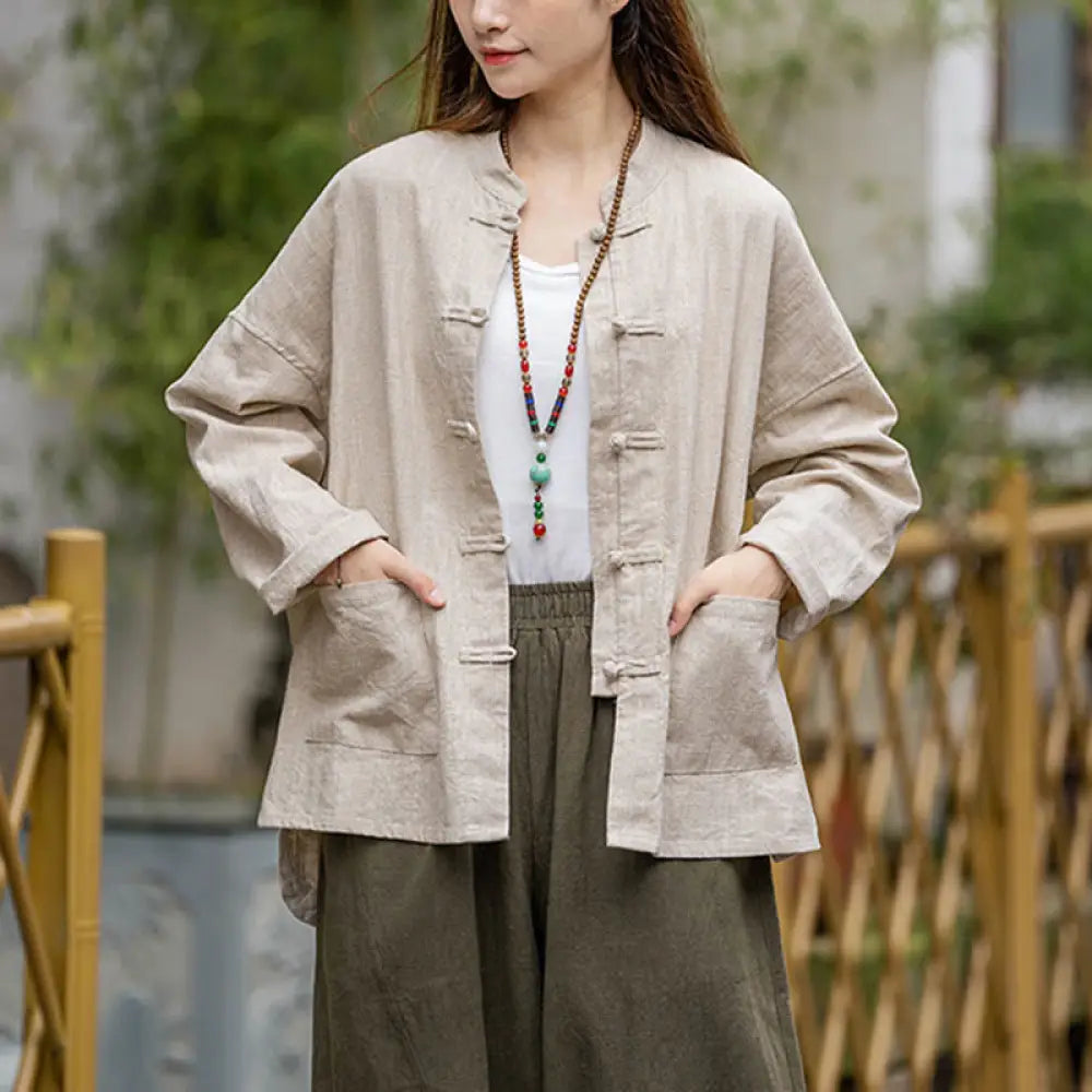 Buddha Stones Frog-Button Design Shirt Tai Chi Meditation Top Clothing Ramie Linen Jacket - Beige(Bust 128cm)(Top Only)