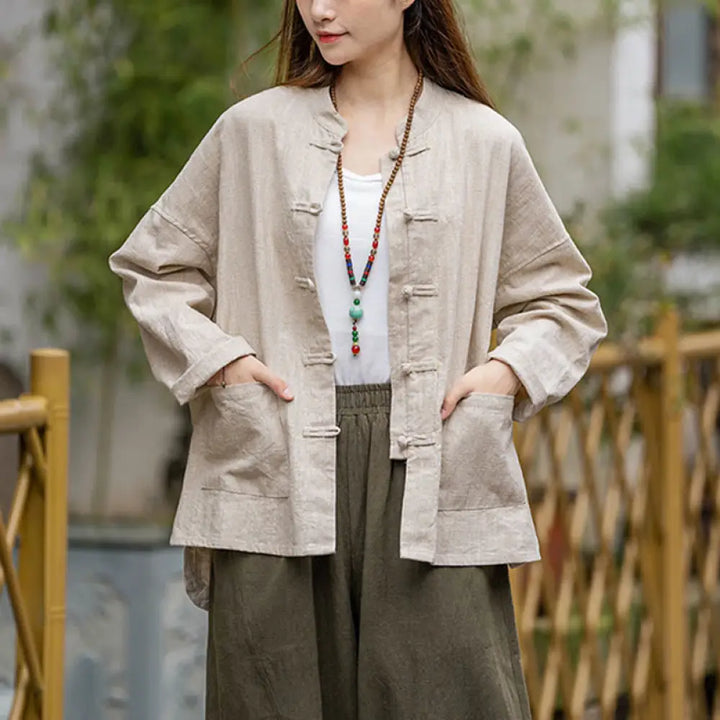 Buddha Stones Frog-Button Design Shirt Tai Chi Meditation Top Clothing Ramie Linen Jacket - Beige(Bust 128cm)(Top Only)