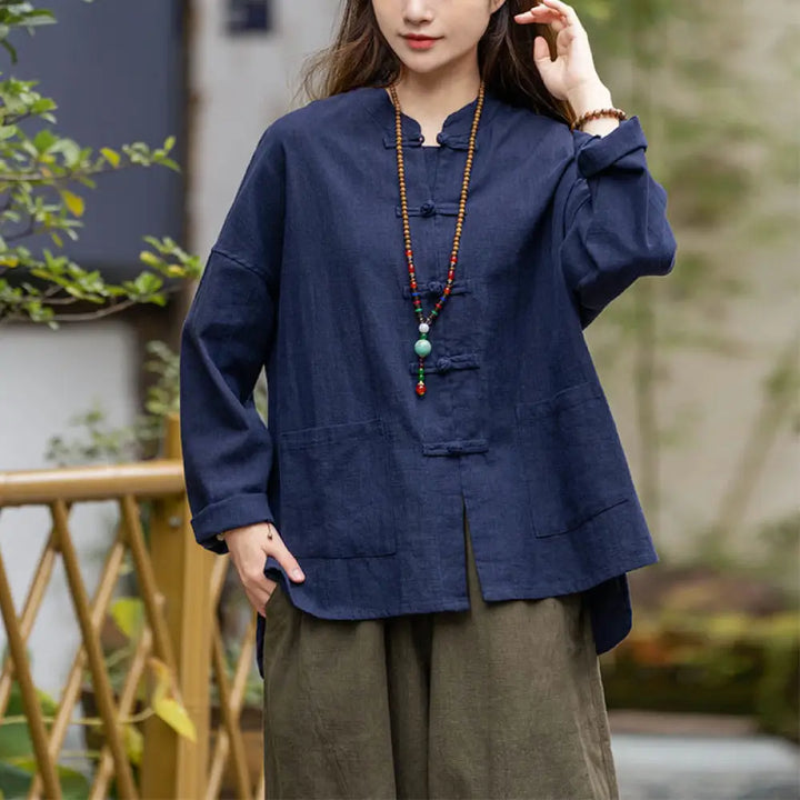Buddha Stones Frog-Button Design Shirt Tai Chi Meditation Top Clothing Ramie Linen Jacket - Blue(Bust 128cm)(Top Only)