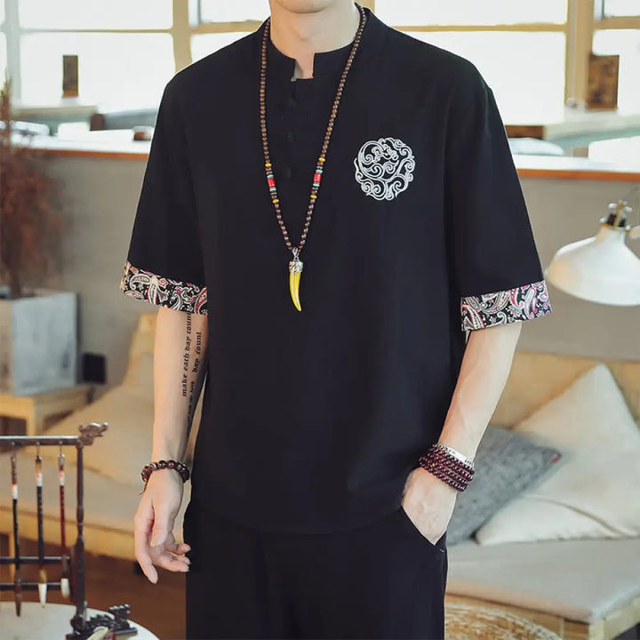 Buddha Stones Frog-Button Dragon Embroidery Chinese Tang Suit Short Sleeve Shirt Linen Men Clothing - Black