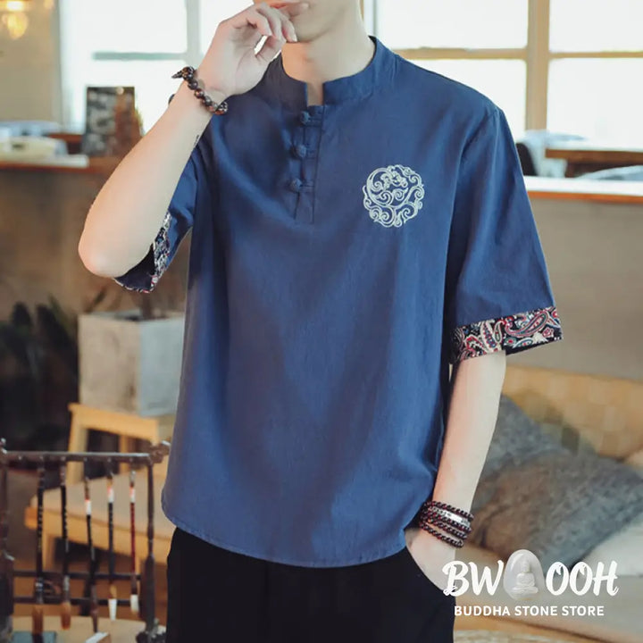 Buddha Stones Frog-Button Dragon Embroidery Chinese Tang Suit Short Sleeve Shirt Linen Men Clothing - Men’s Shirts