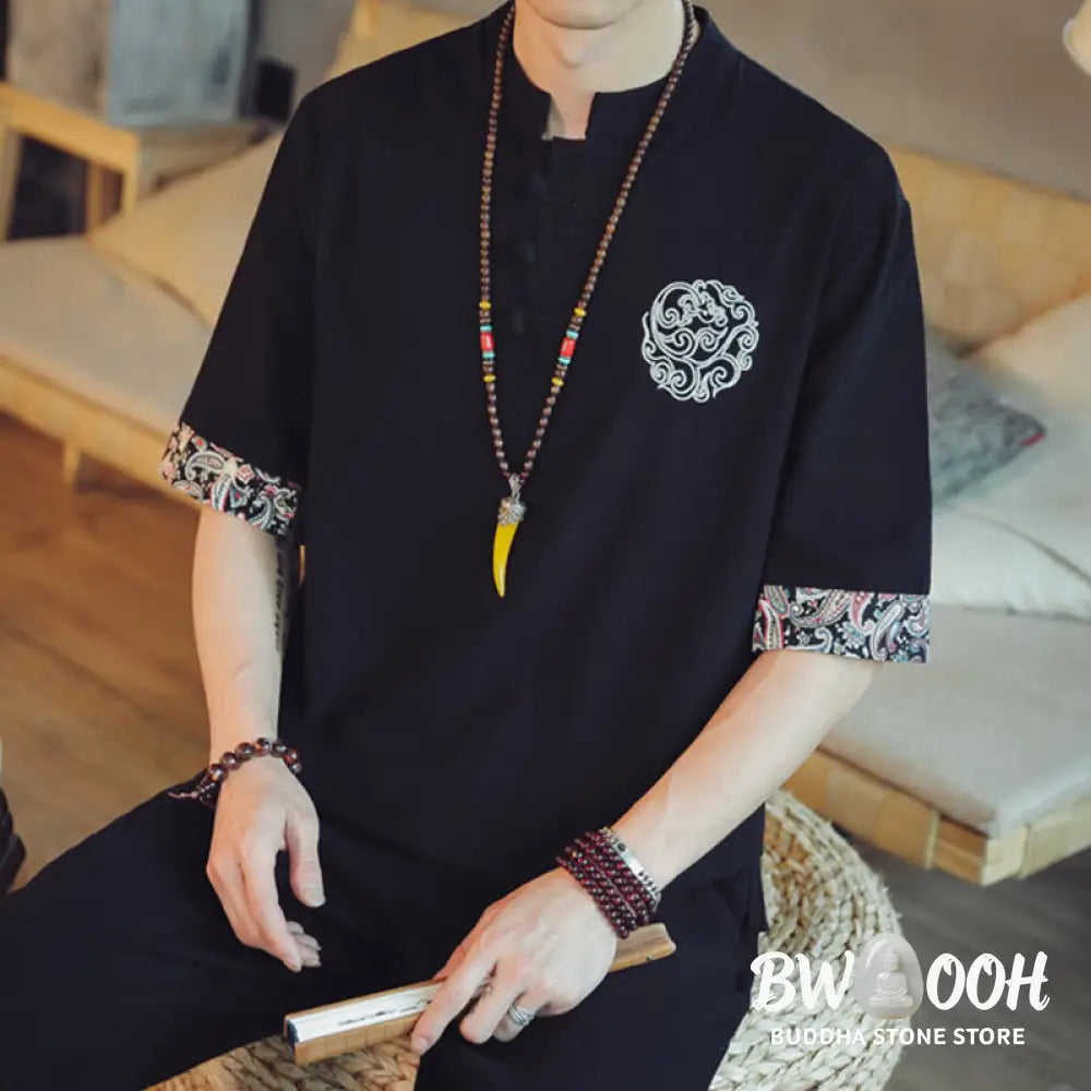 Buddha Stones Frog-Button Dragon Embroidery Chinese Tang Suit Short Sleeve Shirt Linen Men Clothing - Men’s Shirts