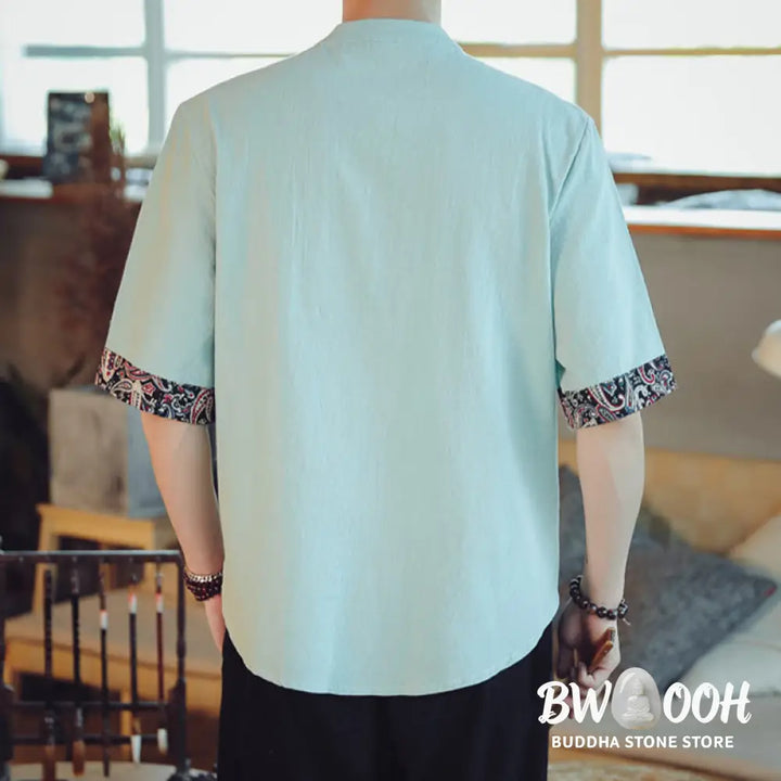 Buddha Stones Frog-Button Dragon Embroidery Chinese Tang Suit Short Sleeve Shirt Linen Men Clothing - Men’s Shirts