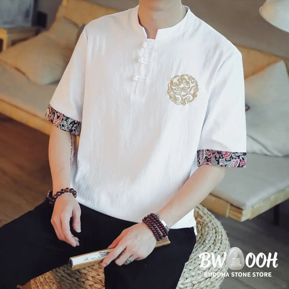 Buddha Stones Frog-Button Dragon Embroidery Chinese Tang Suit Short Sleeve Shirt Linen Men Clothing - Men’s Shirts