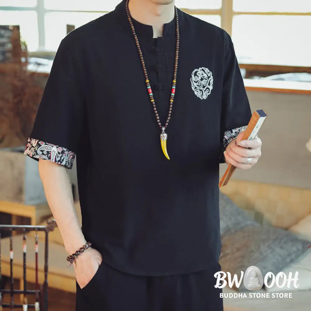 Buddha Stones Frog-Button Dragon Embroidery Chinese Tang Suit Short Sleeve Shirt Linen Men Clothing - Men’s Shirts