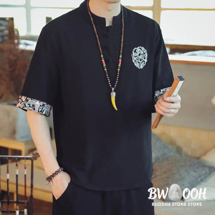 Buddha Stones Frog-Button Dragon Embroidery Chinese Tang Suit Short Sleeve Shirt Linen Men Clothing - Men’s Shirts