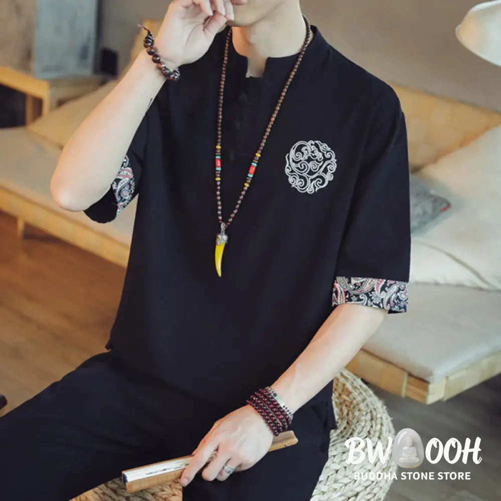 Buddha Stones Frog-Button Dragon Embroidery Chinese Tang Suit Short Sleeve Shirt Linen Men Clothing - Men’s Shirts