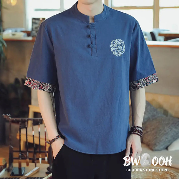 Buddha Stones Frog-Button Dragon Embroidery Chinese Tang Suit Short Sleeve Shirt Linen Men Clothing - Men’s Shirts