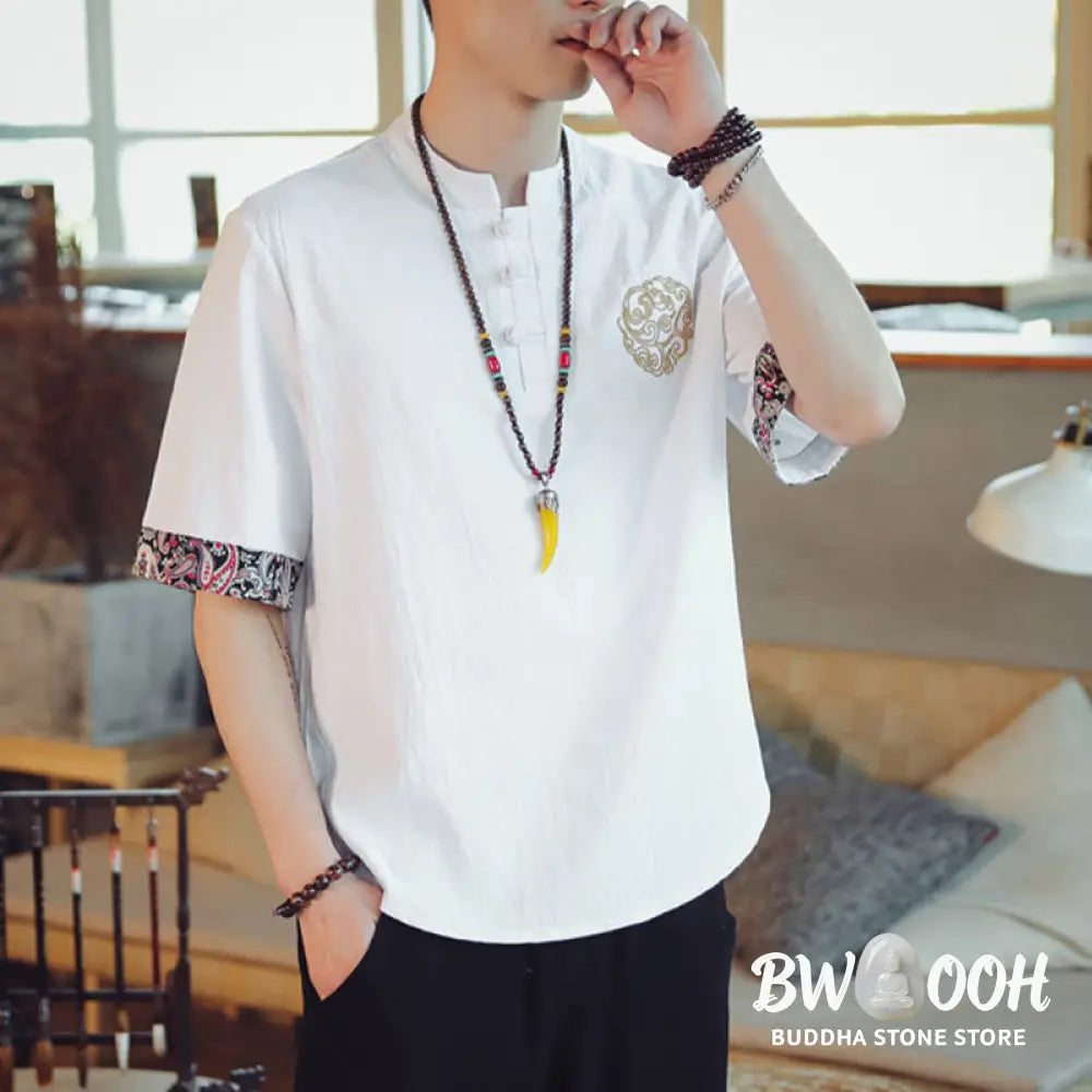Buddha Stones Frog-Button Dragon Embroidery Chinese Tang Suit Short Sleeve Shirt Linen Men Clothing - Men’s Shirts