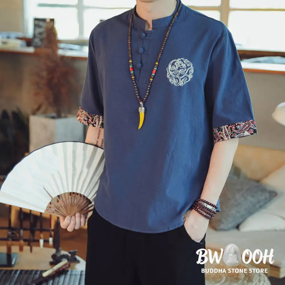 Buddha Stones Frog-Button Dragon Embroidery Chinese Tang Suit Short Sleeve Shirt Linen Men Clothing - Men’s Shirts