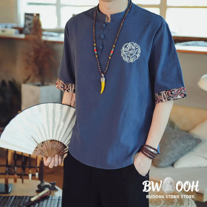 Buddha Stones Frog-Button Dragon Embroidery Chinese Tang Suit Short Sleeve Shirt Linen Men Clothing - Men’s Shirts