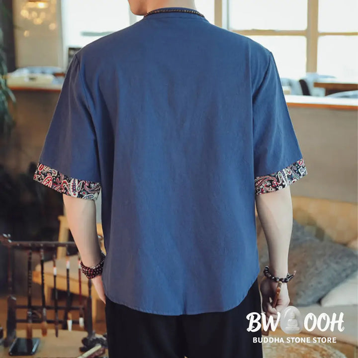 Buddha Stones Frog-Button Dragon Embroidery Chinese Tang Suit Short Sleeve Shirt Linen Men Clothing - Men’s Shirts