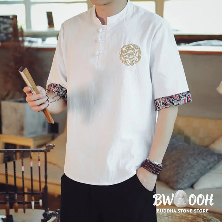 Buddha Stones Frog-Button Dragon Embroidery Chinese Tang Suit Short Sleeve Shirt Linen Men Clothing - Men’s Shirts
