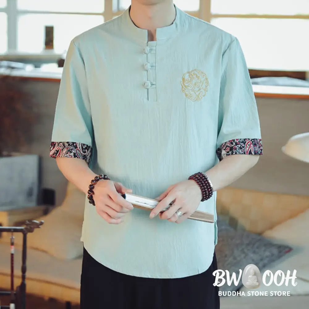 Buddha Stones Frog-Button Dragon Embroidery Chinese Tang Suit Short Sleeve Shirt Linen Men Clothing - Men’s Shirts