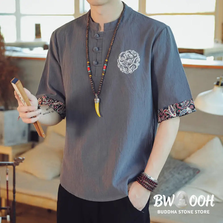 Buddha Stones Frog-Button Dragon Embroidery Chinese Tang Suit Short Sleeve Shirt Linen Men Clothing - Men’s Shirts