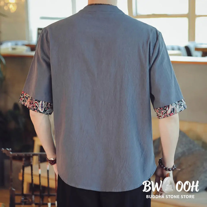 Buddha Stones Frog-Button Dragon Embroidery Chinese Tang Suit Short Sleeve Shirt Linen Men Clothing - Men’s Shirts
