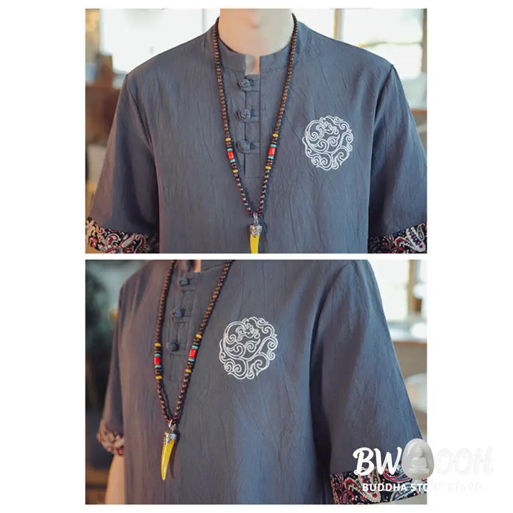 Buddha Stones Frog-Button Dragon Embroidery Chinese Tang Suit Short Sleeve Shirt Linen Men Clothing - Men’s Shirts