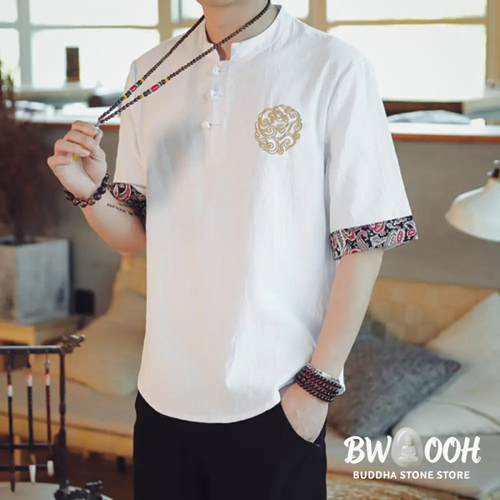 Buddha Stones Frog-Button Dragon Embroidery Chinese Tang Suit Short Sleeve Shirt Linen Men Clothing - Men’s Shirts