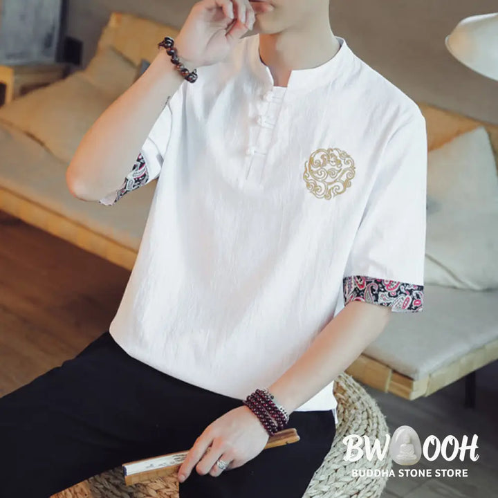 Buddha Stones Frog-Button Dragon Embroidery Chinese Tang Suit Short Sleeve Shirt Linen Men Clothing - Men’s Shirts