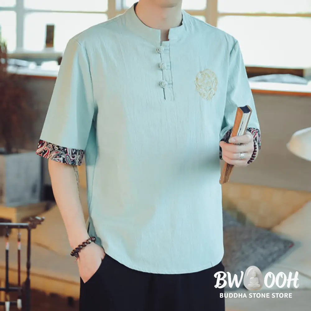 Buddha Stones Frog-Button Dragon Embroidery Chinese Tang Suit Short Sleeve Shirt Linen Men Clothing - Men’s Shirts
